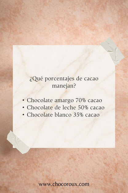 Caja Blanca de 21 Chocolates con Mensajes Relleno Frutal y Cacao 100% Mexicano Fondo de Marmol
